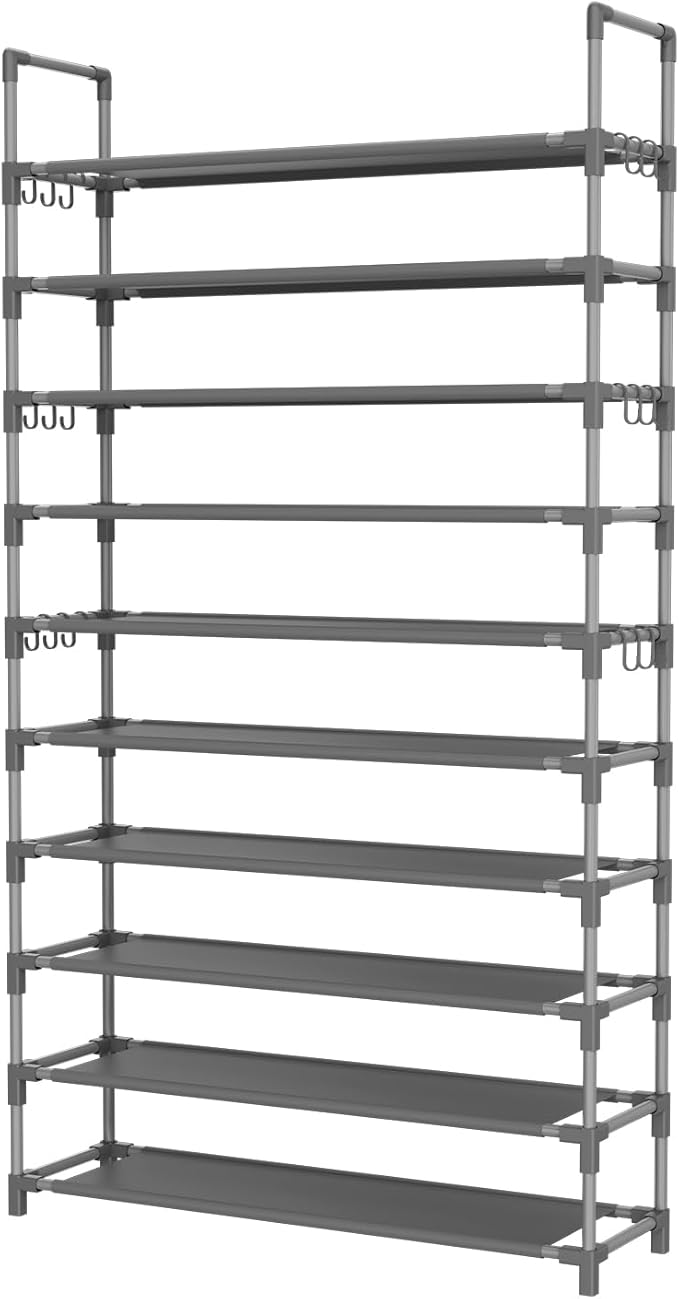 LANTEFUL Tall Shoe Rack 10 Tier Shoe Organizer Large Shoe Shelf with 18 Hooks Storage for 50 Pair Sneaker and Boot, Stackable