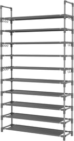 LANTEFUL Tall Shoe Rack 10 Tier Shoe Organizer Large Shoe Shelf with 18 Hooks Storage for 50 Pair Sneaker and Boot, Stackable