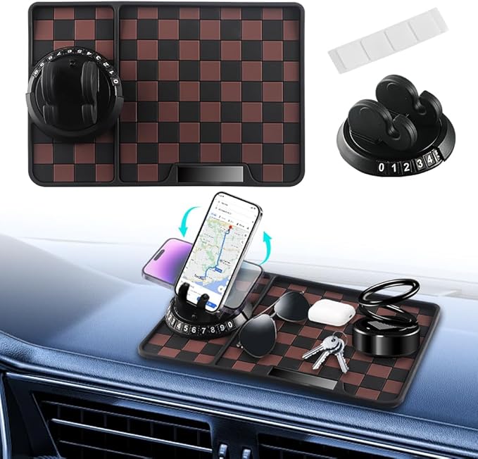 Car Anti Slip Mat Dashboard Tray Decorations Sticky Pad Thicken Washable with 360° Rotating Universal Phone Pad Holder+Number