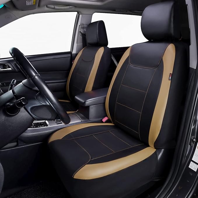 Flying Banner car seat Covers Protects Water Proof Faux Leather Carbon Fiber Front and Rear Bench (Black Beige, Full Set - 8P