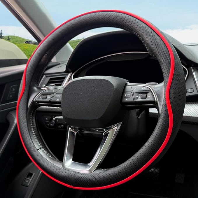 HAOTULE Leather Steering Wheel Cover， with Anti-Slip Stripe Design - Enhanced Grip, Fashion Style, Safe, Non-Slip, Breathable