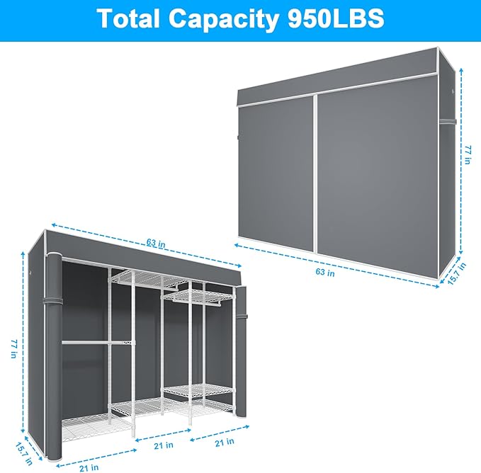 Ulif E13C Heavy Duty Closet Organizer System，Freestanding Clothing Racks for Hanging Clothes，Adjustable Garment Rack 63" W x 