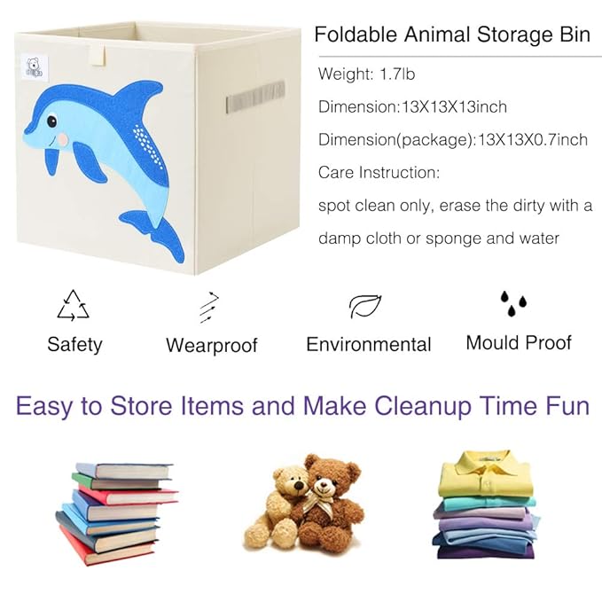 CLCROBD Foldable Animal Cube Storage Bins Fabric Toy Box/Chest/Organizer for Toddler/Kids Nursery, Playroom, 13 inch (Dolphin