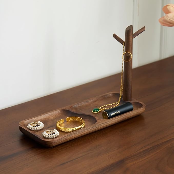Black Walnut Solid Wood Key Dish Bowl for Entryway Table Square Tray With 3 Hooks, Open Storage for Keys, Wallet, Jewelry (Wa