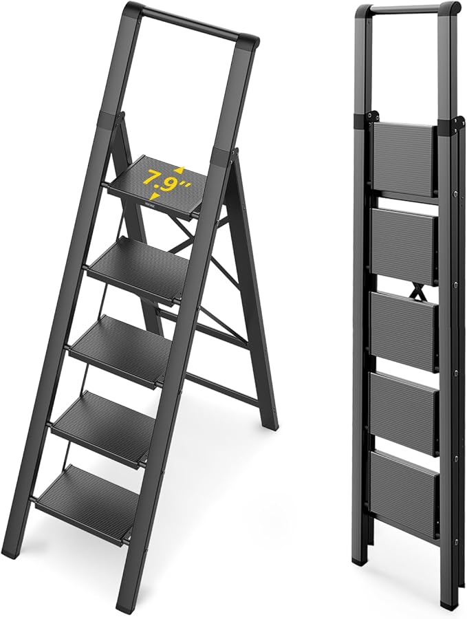 WOA WOA 5 Step Ladder for 10 Feet High Ceiling, Lightweight Foldable Ladder with Non-Slip Wide Pedals, Step Stool with Safe H