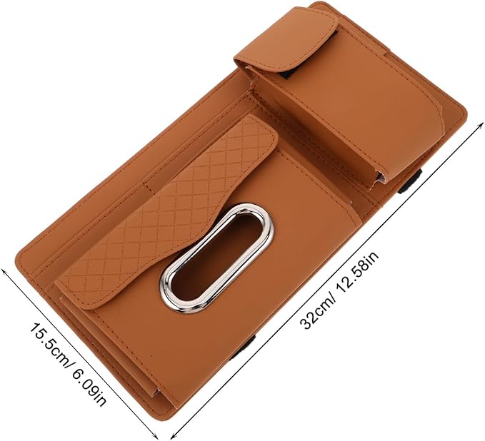 NUOBESTY Car Visor Organizer Clip with Pu Leather Tissue Holder and Sunglasses Case, Vehicle-Mounted Sun Visor Accessory for Travel and Commuting, Multifunctional Interior Pocket in Brown