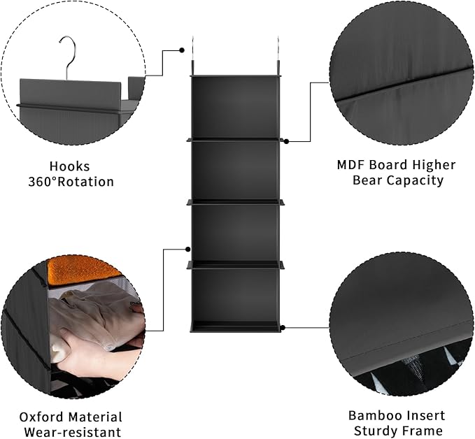 YOUDENOVA Hanging Closet Organizer, 4-Shelf Closet Hanging Shelves, Black