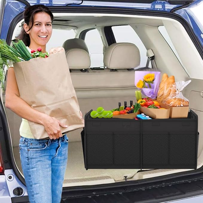 Homeve Trunk Organizer, Car Storage, Reinforced Handles, Collapsible Multi-Compartment, Foldable, Waterproof, Sturdy, 600D Oxford Polyester For Car, SUV, Mini-Van, Black, 2 Compart-Small