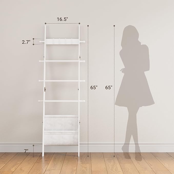 ELYKEN Blanket Ladder, 5-Tier Farmhouse Wooden Rack with Synthetic Leather Pocket, 4 Removable Hooks, Decorative Leaning Ladd