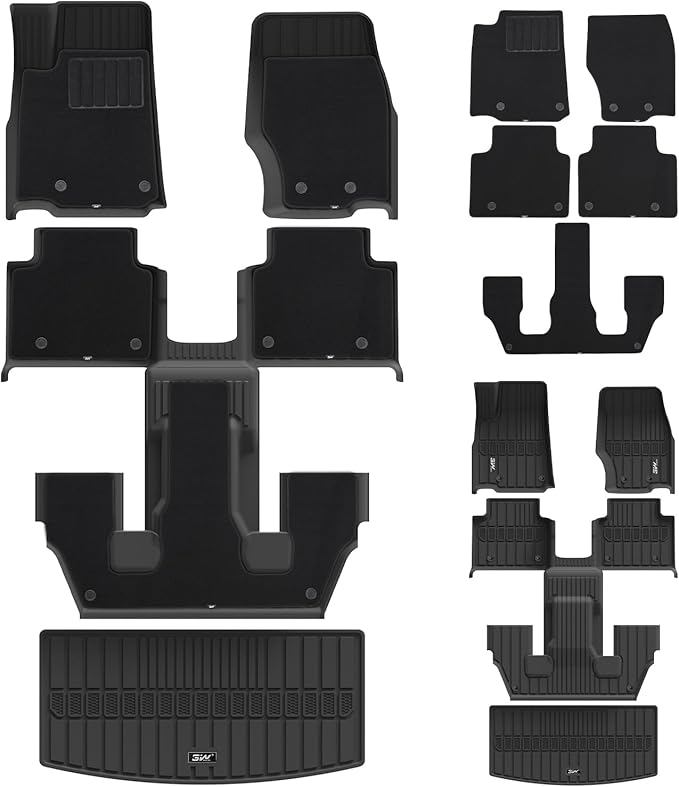 3W Floor Mats & Cargo Liner – Full Set (1st, 2nd & 3rd Row with Carpet) for Jeep Grand Cherokee L 2021-2025 2026 (Only for 6 Seat), Custom Fit TPE, All-Weather Waterproof,Black
