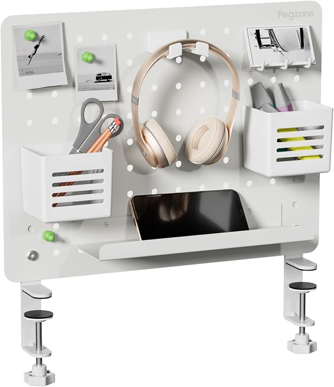 PEGZONE Clamp-on Desk Pegboard, Desk Organizer for Office Gaming Home, Magnetic Metal Peg Board with 10 Accessories, Privacy 