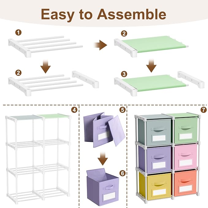 Geelin 6 Cube Toy Storage Organizer with Fabric Bins and Labels, 11 Inch Collapsible Colorful Cubby Storage Drawers Pastel Dr