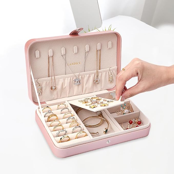 LANDICI Small Jewelry Box for Women Girls, PU Leather Travel Jewelry Case, Portable Jewelry Organizer Storage Holder Display 
