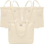 Nook Theory 3-Pack Reusable Grocery Bags - Heavy Duty, Large 12 Oz Cotton Canvas Reusable Shopping Bags With Pockets, 100% Cotton Cloth Grocery Totes, Foldable Multi Compartment (Cream)