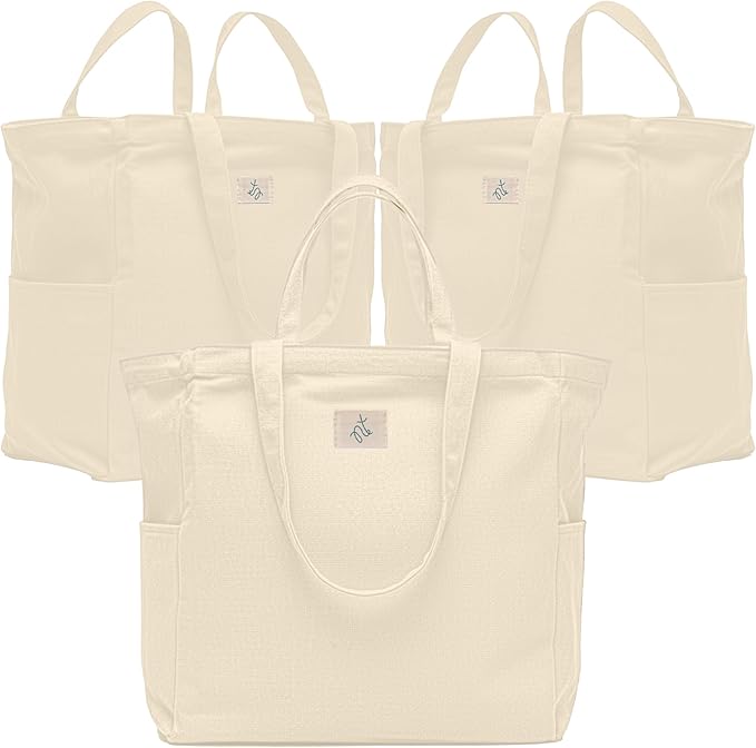 Nook Theory 3-Pack Reusable Grocery Bags - Heavy Duty, Large 12 Oz Cotton Canvas Reusable Shopping Bags With Pockets, 100% Cotton Cloth Grocery Totes, Foldable Multi Compartment (Cream)