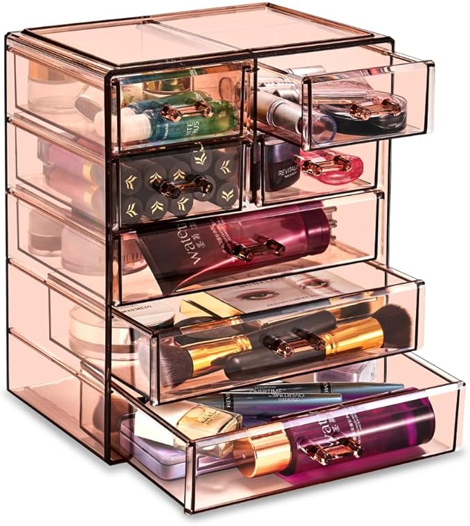 Sorbus Acrylic Makeup Organizer Set, 7-Drawer Vanity & Countertop Cosmetic Storage with Small & Wide Drawers, Bronze Glow Mak