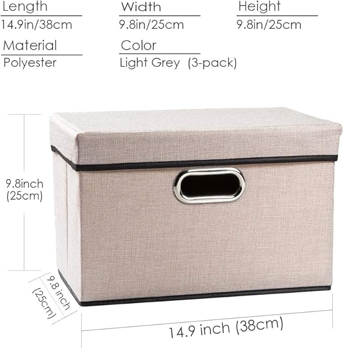 PRANDOM Foldable Storage Bin with Lid [3-Pack] Linen Fabric Decorative Storage Box Organizer Container Basket Cube with Handl