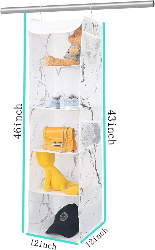 BrilliantJo 5 Shelves Hanging Closet Organizer, 2 Pack Hanging Storage with 6 Side Pockets for Clothes Shoes, 43"x12"x12"(Mar