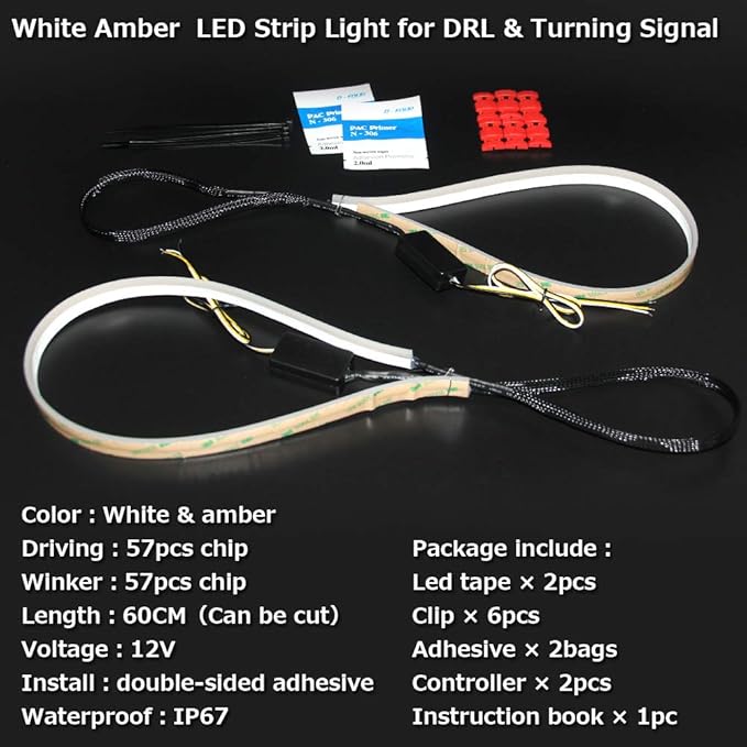 OPP ULITE White Amber Switchback Led Strip Lights, White DRL Amber Sequential Flowing Turn Signal Light, 114 PCS Led Chip Waterproof Car Flexible Tube Easy Paste Install, 2PC Pack