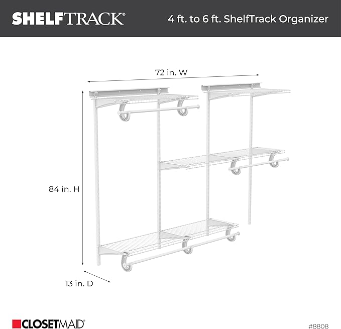 ClosetMaid ShelfTrack Wire Closet Organizer System, Adjustable from 4 to 6 Ft., With Shelves, Clothes Rods, Hardware, Durable