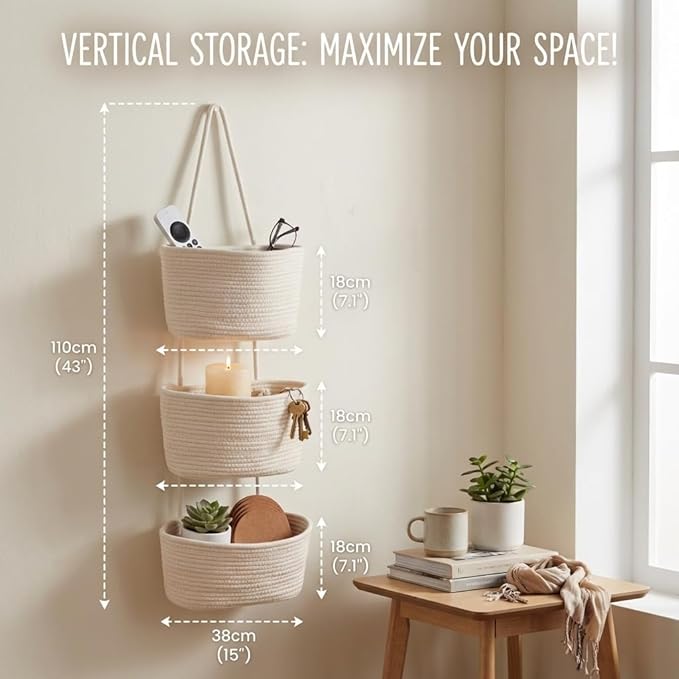 Hanging Wall Basket, Over the Door Hanging Basket with Hooks for Storage, Organizing, Decorative Boho Decor for Nursery, Bedr
