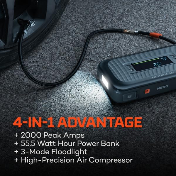 NEBO Assist Air 2000XP Jump Starter and Air Compressor | 55.5Wh Power Supply Box Restarts 12V Battery Vehicles, 150 PSI Air