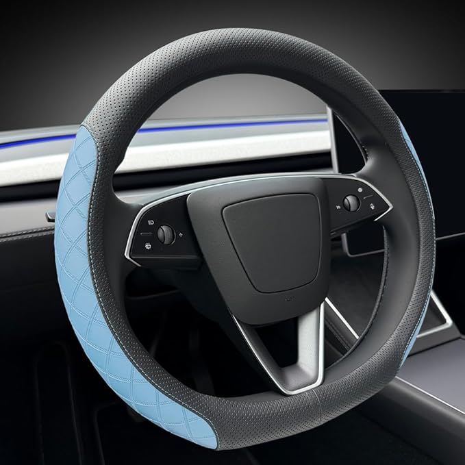 LKWLIKEI Leather Steering Wheel Cover. Elegant Diamond Checkered Design, Non-Slip and Breathable, for Tesla Model 3/Y Steerin