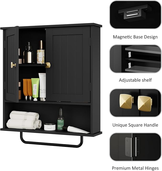 RRX Bathroom Cabinet Wall Mounted Medicine Cabinets with Towels Bar, Over The Toilet Storage Cabinet with 2 Doors and Adjusta