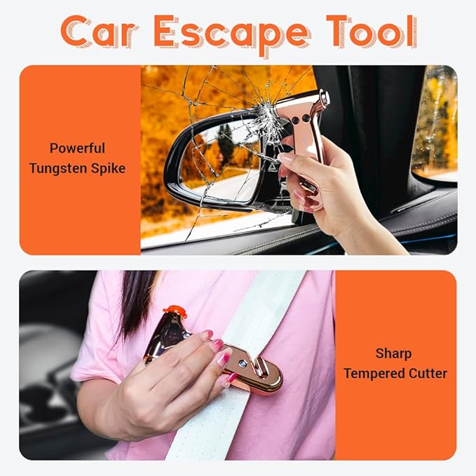 SINSEN Car Window Breaker Seatbelt Cutter, Emergency Tool, Safaty Hammer to Break Glass, Escape Kit for Women, 3-in-1, Neon P