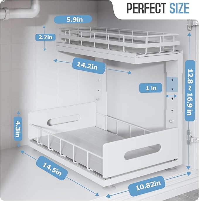 Under Sink Organizer Upgrade To Professional Rails,2-Tier Dual Pull Out Cabinet Storage,Height Adjustable Slide Out Drawers F