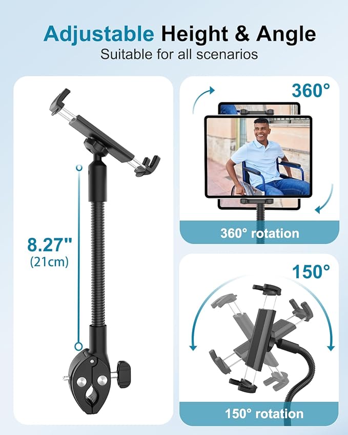 Tablet Holder for Wheelchair/Stroller/Spin Bike/Treadmill/Mic Stand/Boat/Handlebar Clamp, 360° Gooseneck Mount with Adjustable Arm for 4-13" iPad Pro Air Mini, Phone, Galaxy Z Fold, Fire HD