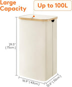 Lifewit 100L Laundry Basket with Lid, Clothes Hampers for Laundry with Bamboo Handles and 1 Removable Bag, Large Foldable Lau