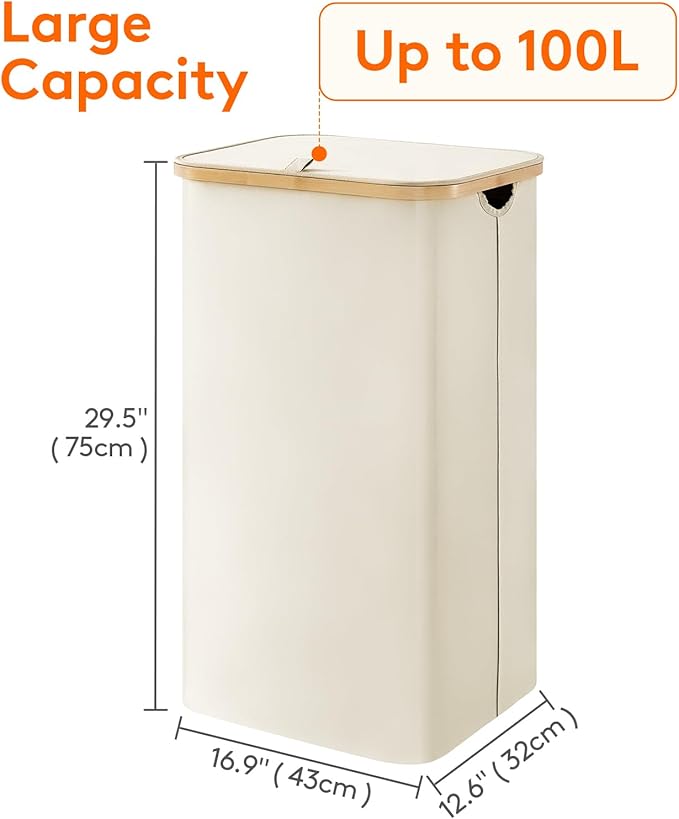 Lifewit 100L Laundry Basket with Lid, Clothes Hampers for Laundry with Bamboo Handles and 1 Removable Bag, Large Foldable Lau