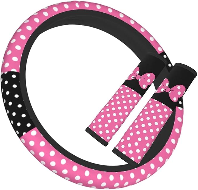 Cute Pink Polka Dots Steering Wheel Cover for Women,Universal Fit 14-15 inch, Fashion Automotive Interior Decorative,with 2 P