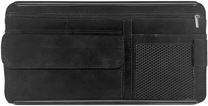 Suede Car Sun Visor Organizer with Multi-Pocket Net Zipper, Glasses Case, Sunglass Holder for Interior Accessories (Black)