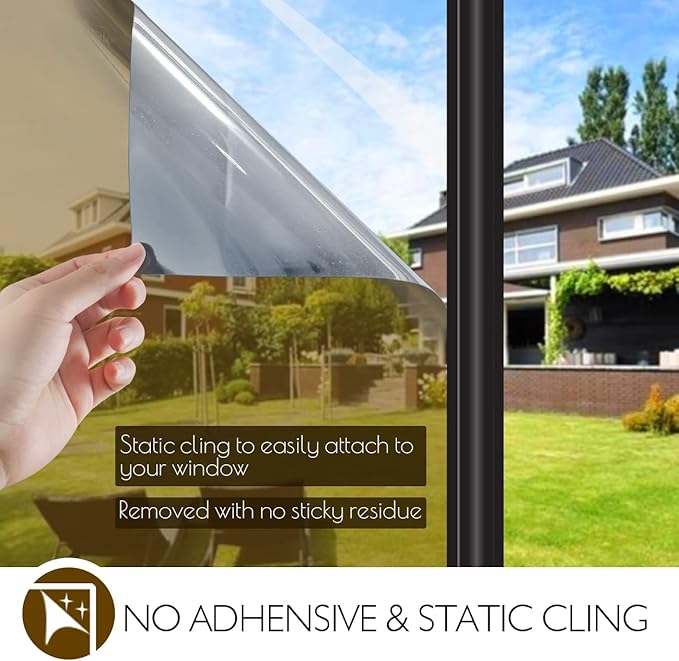 HIDBEA One Way Privacy Window Film, Daytime Mirror Reflective Heat Control UV Sun Blocking Non-Adhesive Static Cling Window Tint for Home and Office (Brown-Silver, 35.4 Inch x 32.8 Feet)