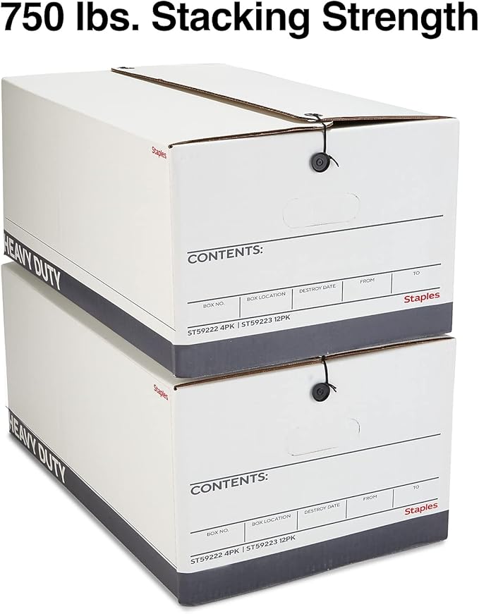 STAPLES Storage & Filing Box, Heavy-Duty with Handles & String-Button Lid, Letter Size Documents, Stackable, 4-Pack, White/Gr