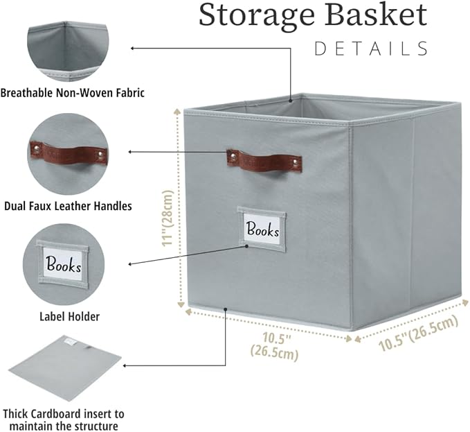 DECOMOMO Storage Bins, Cube Storage Bin with Labels, Fabric Storage Cubes for Shelves (10.5" x 11" / 6pcs, Grey)