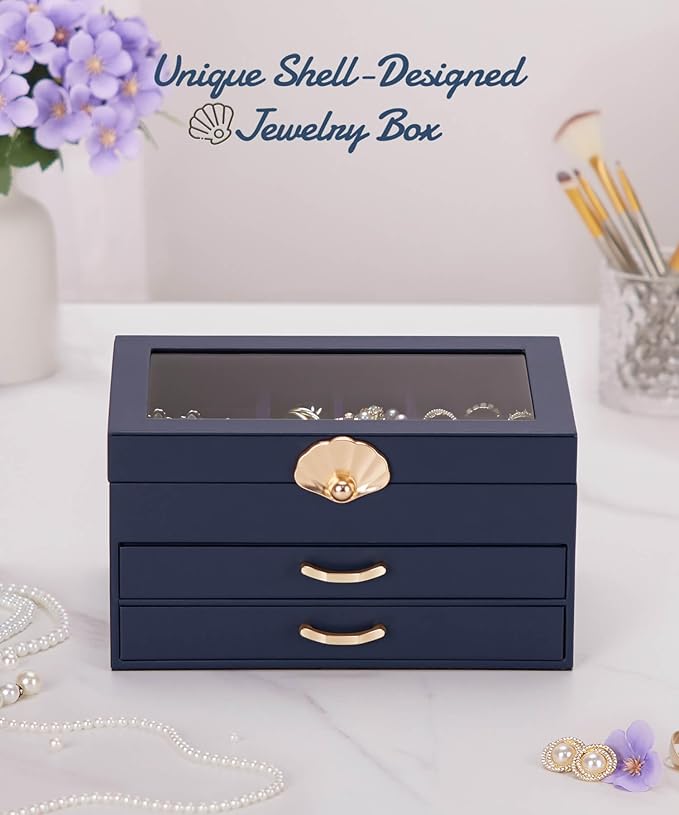Enthralite Jewelry Box with 2 Drawers: Display Organizer for Earrings Necklaces - Gifts for Girls Women (Dark Blue)