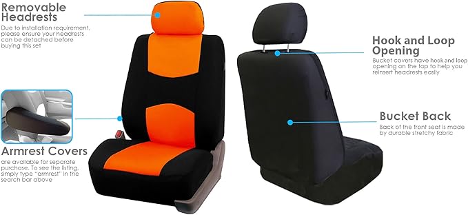 FH Group Car Seat Covers Flat Cloth Automotive Orange Full Set, Rear Solid Bench Universal Fit Combo Steering Wheel Cover & Seat Belt Pads Car Seat Protector for Cars Trucks SUV Interior Accessories