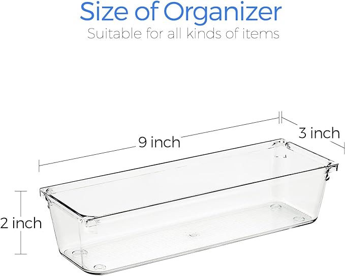Ravinte 6 Pack Drawer Organizer - 3" X 9" Plastic Storage Bins, Acrylic Organizers with Non-Slip Pads Clear Desk Storage Tray