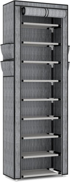 VILICK Shoe Rack with Cover Narrow Shoe Rack Organizer with 4 Side Pockets 10 Tier Tall Shoe Storage Shoe Shelf Holds 18-22 P
