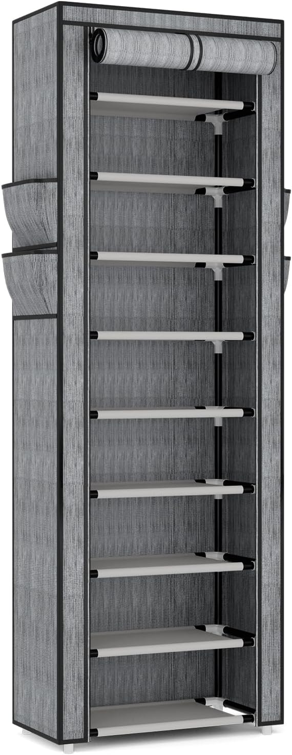 VILICK Shoe Rack with Cover Narrow Shoe Rack Organizer with 4 Side Pockets 10 Tier Tall Shoe Storage Shoe Shelf Holds 18-22 P