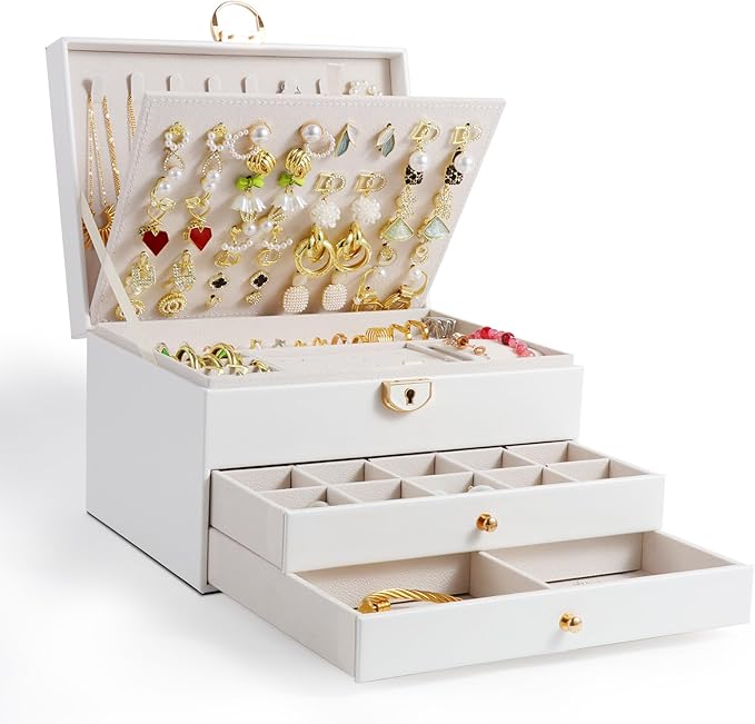 Jewelry Box, 3-Layer Jewelry Boxes for Women, Stud Earings Holder Jewelry Organizers and Storage with Removable Jewelry Tray,