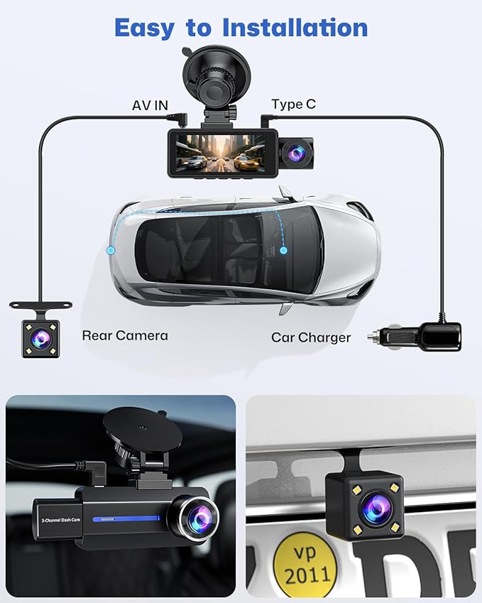 Dash Cam Front and Rear 2.5K/1440P, 3 Channel Dash Camera for Cars Dash Cam Front Rear and Inside with 32GB Card, 3.16" IPS S