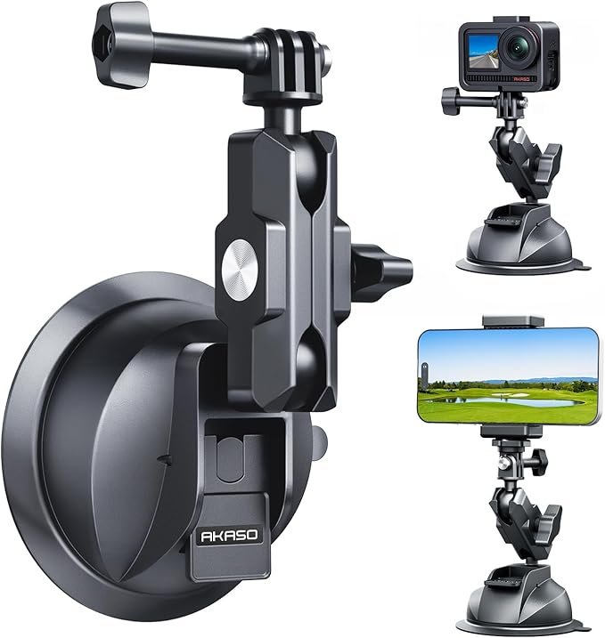 AKASO Suction Cup Car Mount with Phone Holder for GoPro Hero 13 12 11 10 9, Insta360 X5 X4 X3, DJI Action, Osmo 360, 360, EK7000/EK7000 Pro, Brave 4/4 Pro, Brave 7/7 LE and Other Action Cameras