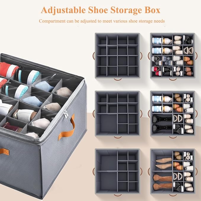 2 Pack Shoe Organizer for Closet, Foldable Storage Box with Adjustable Dividers, Holds 32 Pairs, Oxford & PP Board, Stackable