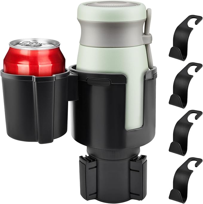 2-in-1 Car Cup Holder Expander, Adjustable Car Extender Adapter with Non-Slip Base - No Spill Cup Holder Extender with 4 Hook