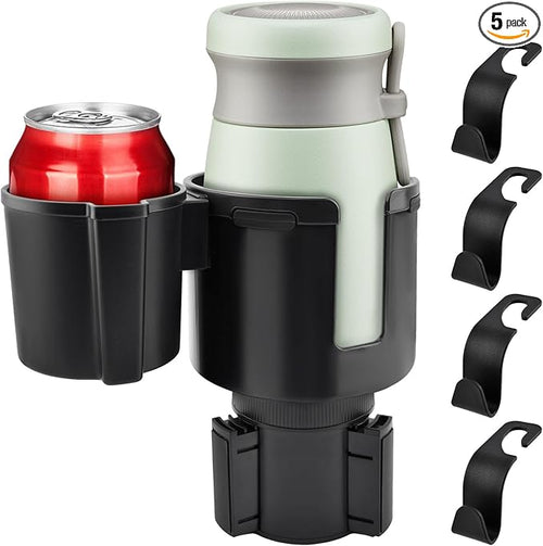 1 Pack Car Cup Holder Expander 2 in 1 Adapter with Expandable Base, Car-Seat Headrest Hook 4 Pack Hanger Storage Organizer fi