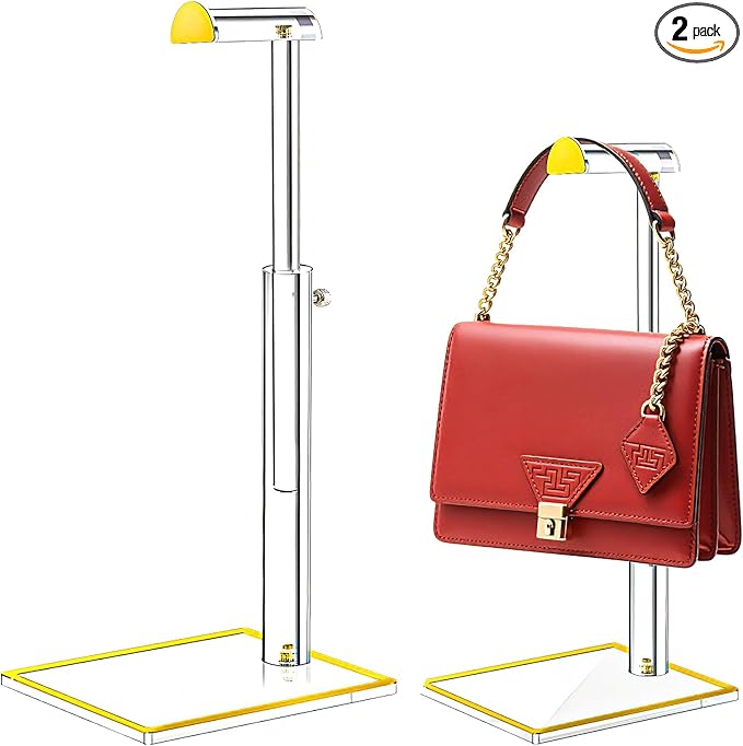 2 Pack Acrylic Handbag Display Stand, Gold Trim Clear Purse Holder 14"-24" Adjustable Height Thicken Anti-slip Base, Purse Ra